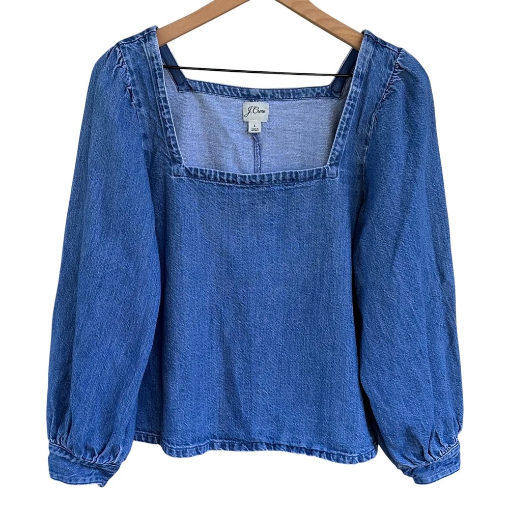 J.Crew Womens Blue Cotton Linen Blend Square Neck Puff Sleeve Denim Top Large